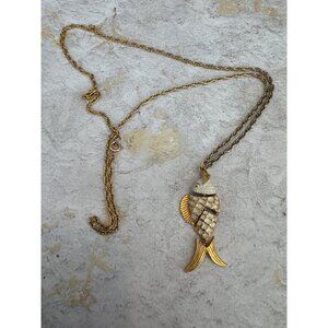 Vintage Articulated Fish Gold Tone Necklace with White Enamel